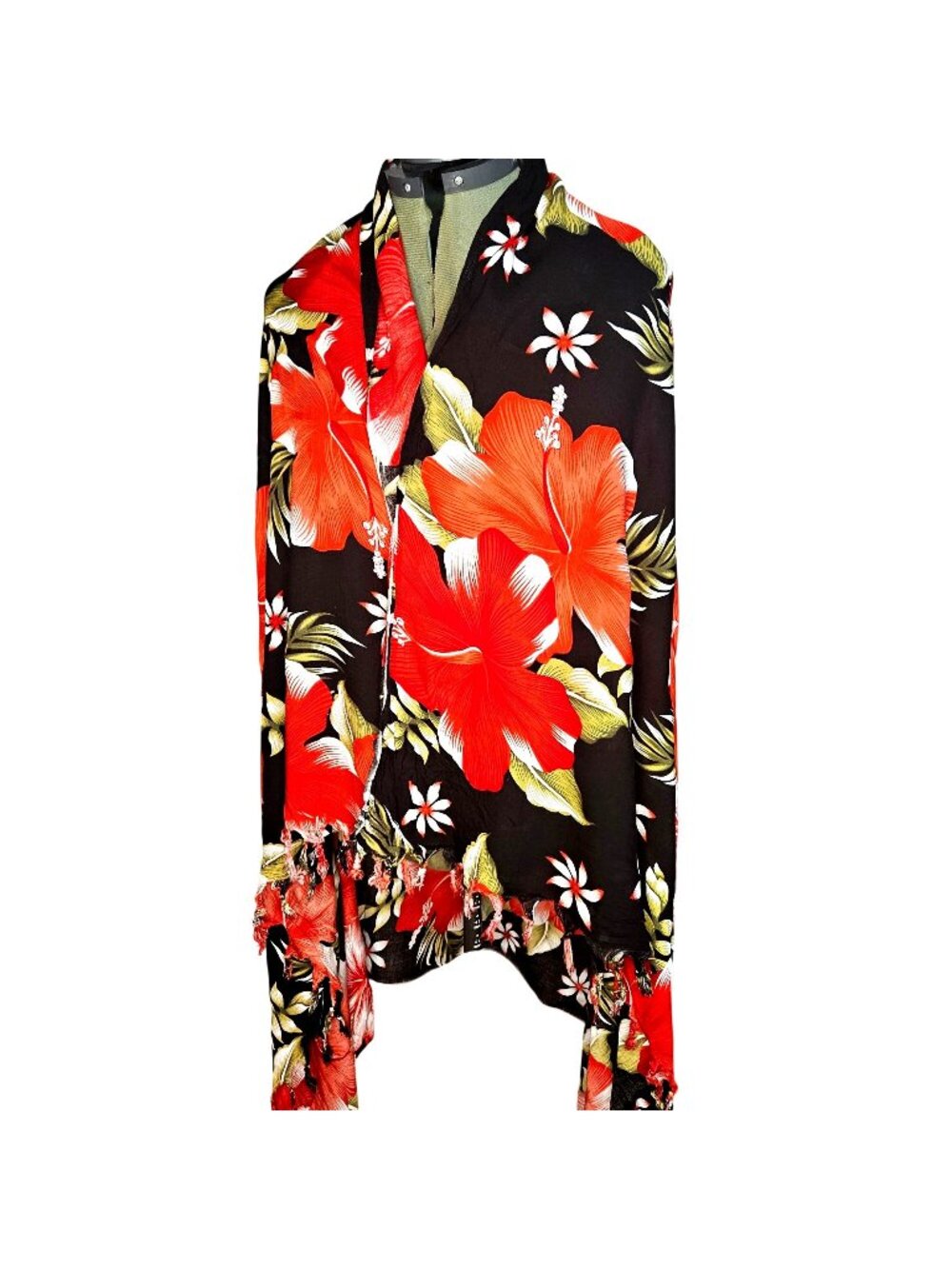 Woman's Aloha Fashion boho tropical hibiscus floral red and black rayon shawl